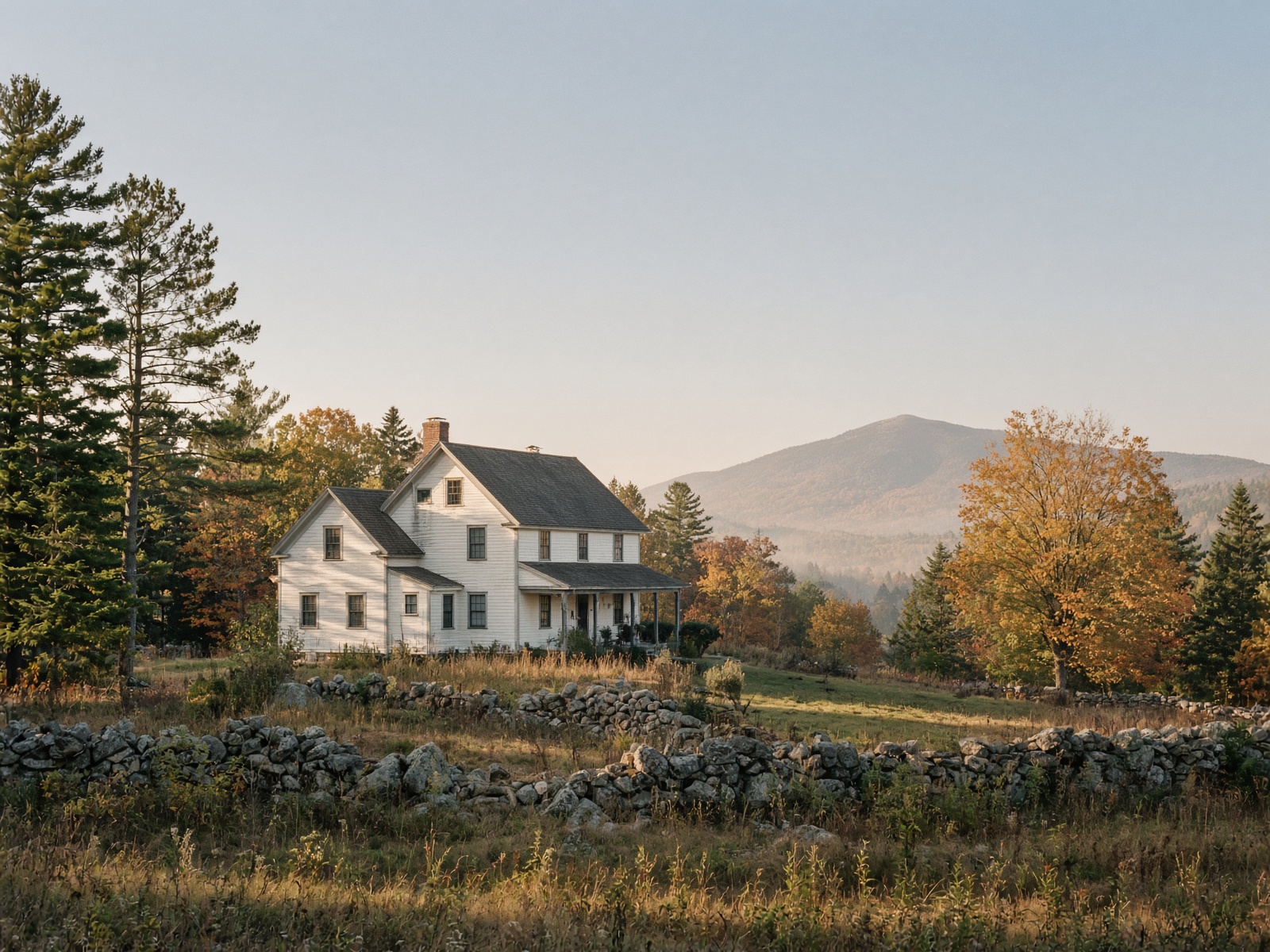 A white clapboard farmhouse on a New Hampshire hillside in early autumn