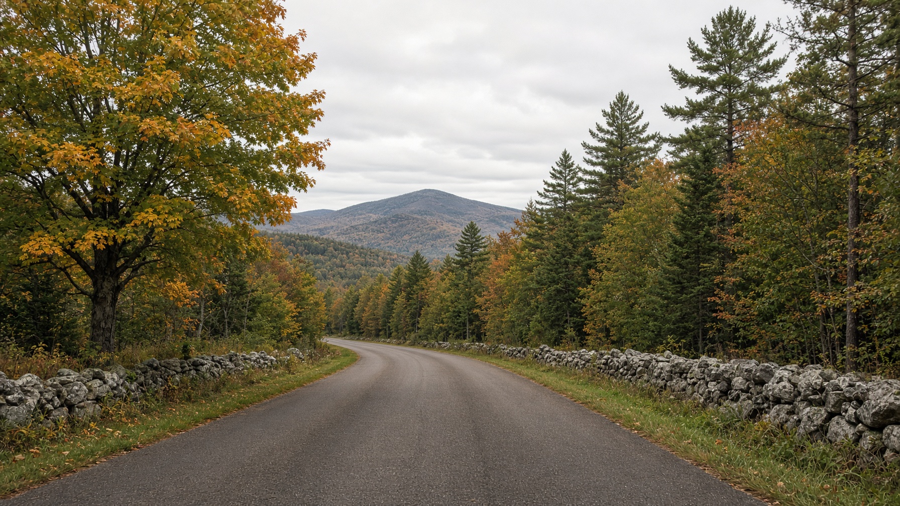 A quiet New Hampshire country road in early autumn, lined with stone walls and maples