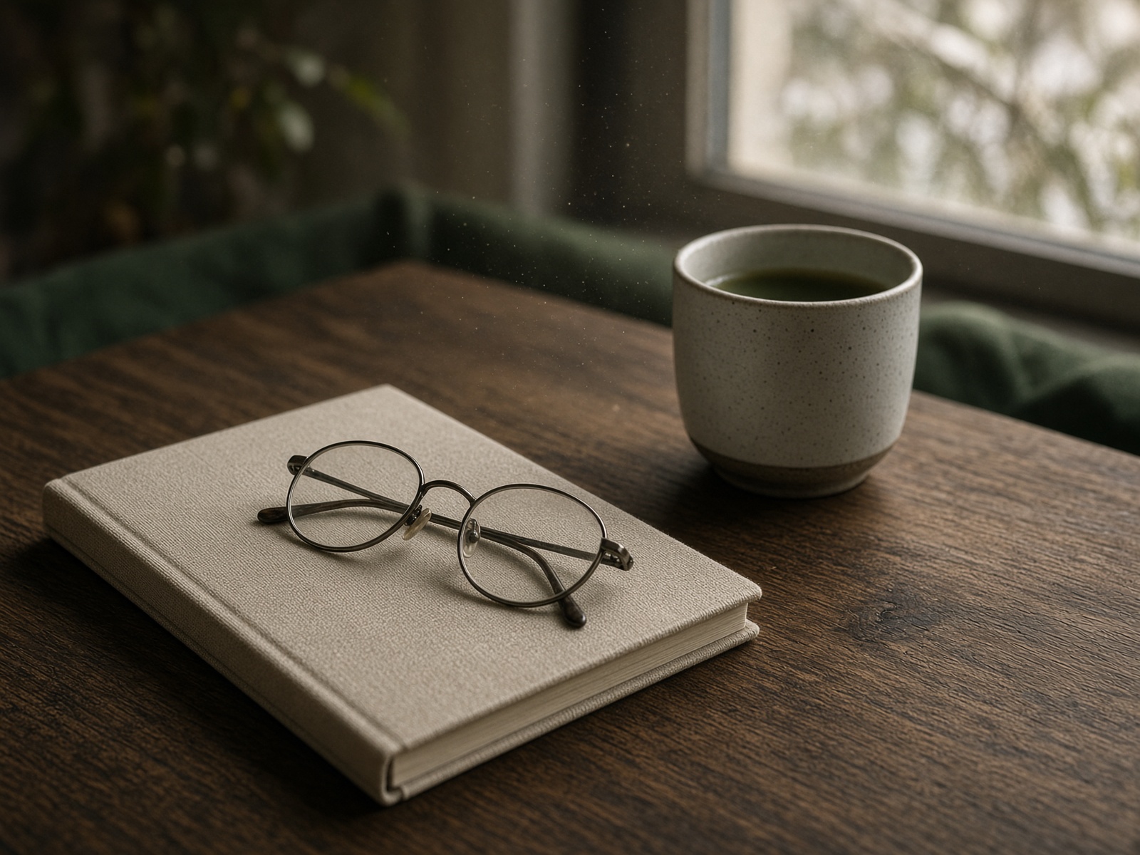 Notebook, eyeglasses, and a cup on an oak table in morning light