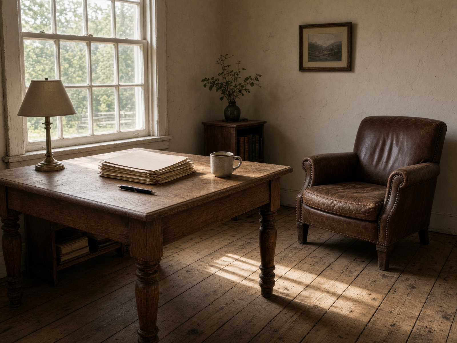 A quiet New England study with an oak desk, leather chair, and morning window light