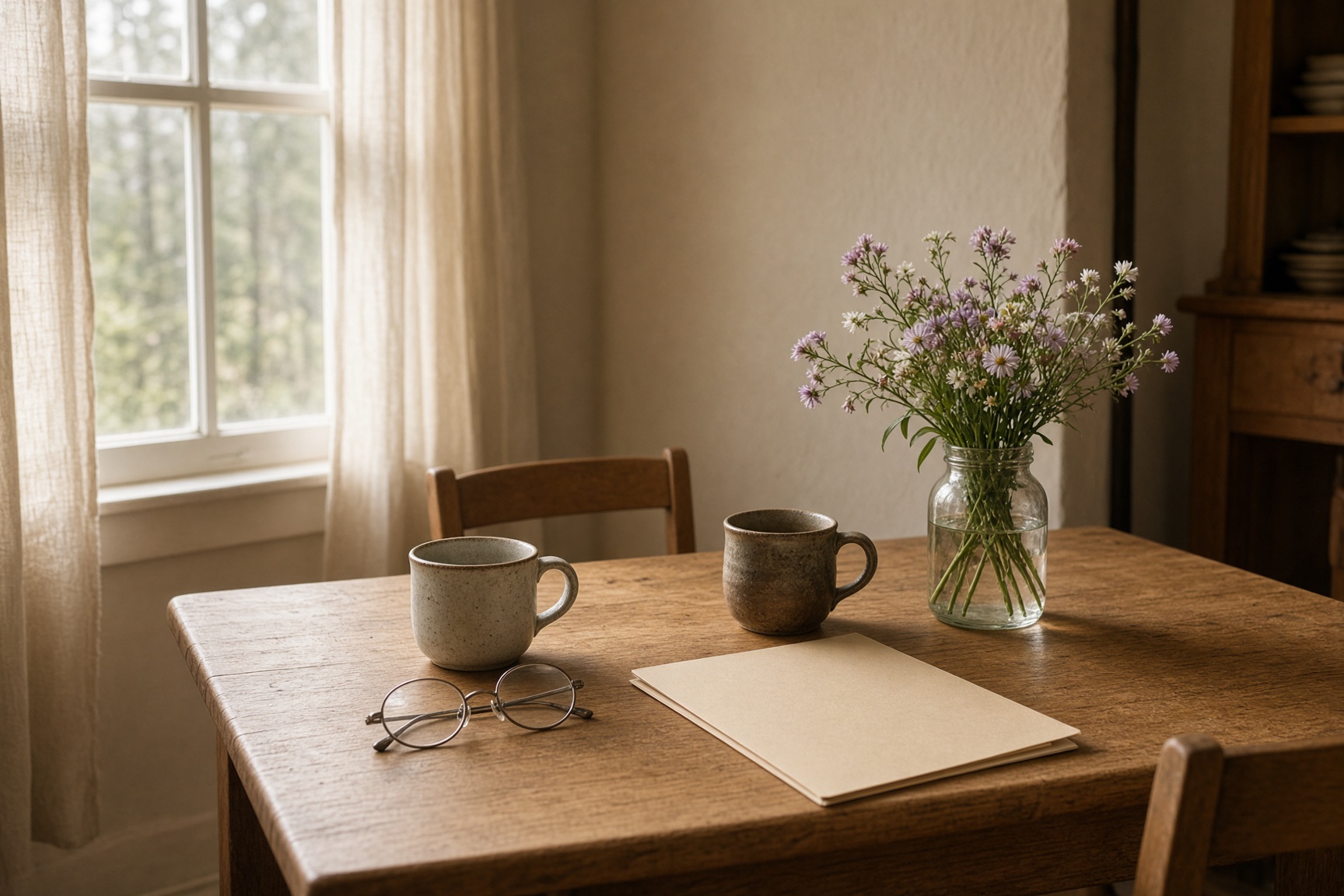 A maple kitchen table set for a quiet conversation, with coffee and a closed folder